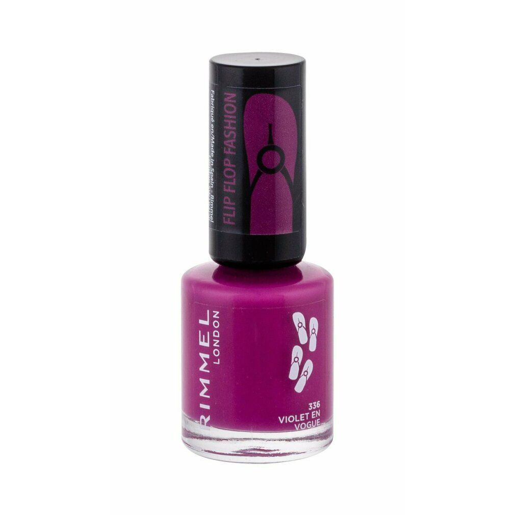 Flacone di smalto Rimmel London Violet En Vogue, smalto viola e tappo nero.