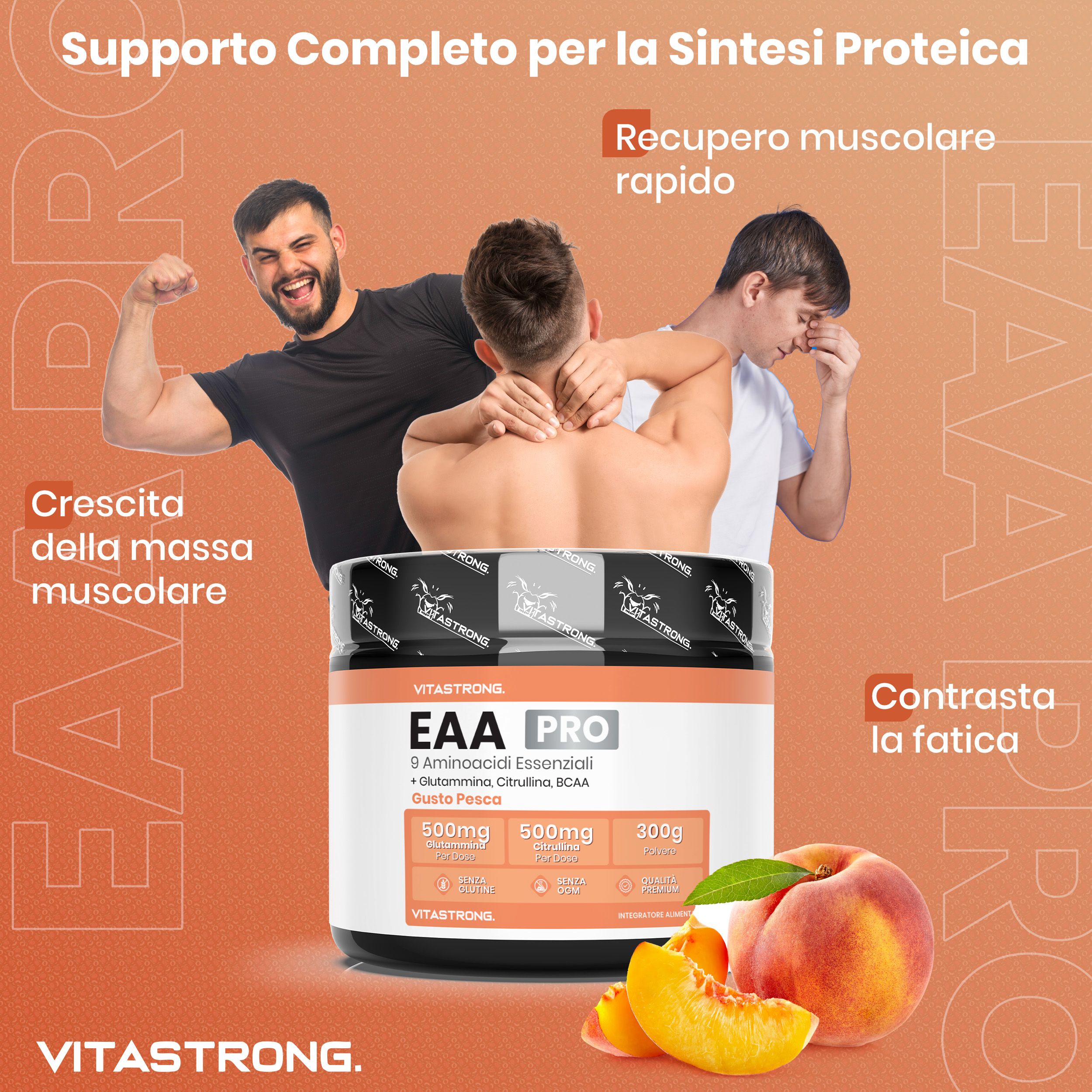 Vitastrong EAA Pro, barattolo. 9 aminoacidi, BCAA, glutammina. Gusto pesca. Persone sullo sfondo.