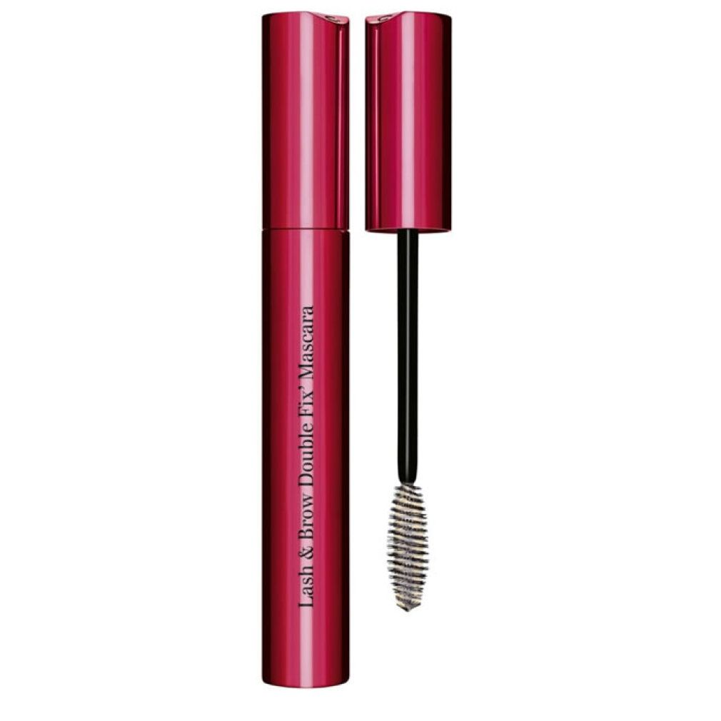 Tubo mascara rosso con spazzola nera. Scritta: Lash & Brow Double Fix' Mascara.
