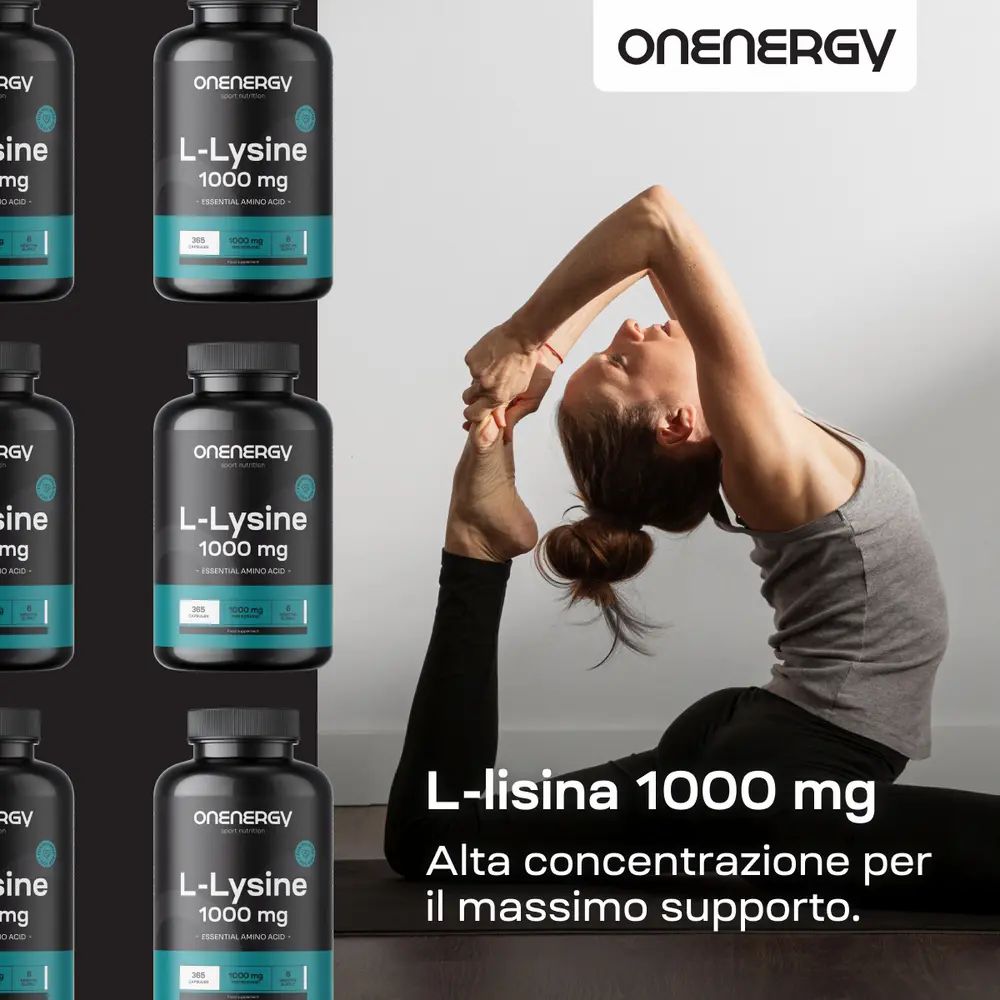 Due donne con cuffie bevono da bottiglie d'acqua. Una bottiglia di L-Lysine 1000 mg è in basso a sinistra.