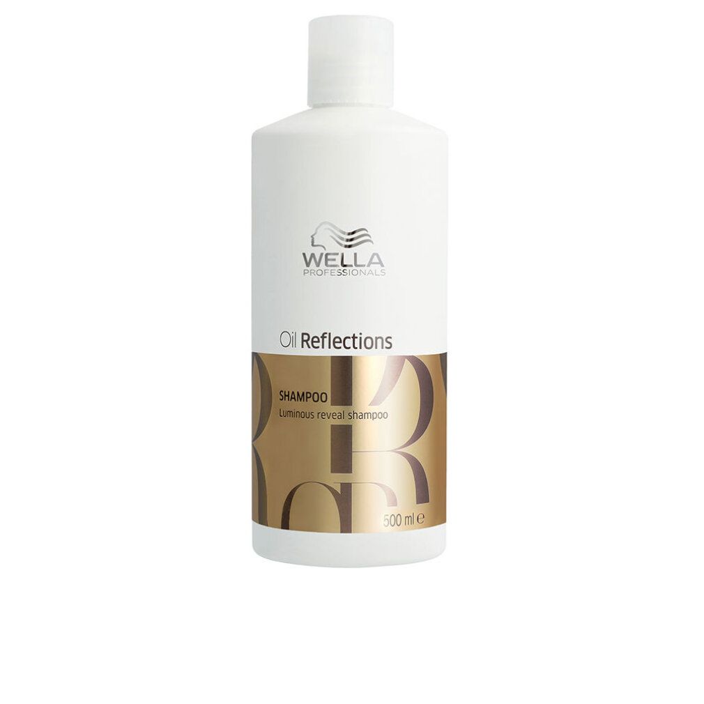 Flacone bianco di shampoo Wella Oil Reflections. Stampa dorata con nome e logo del prodotto. 500 ml.