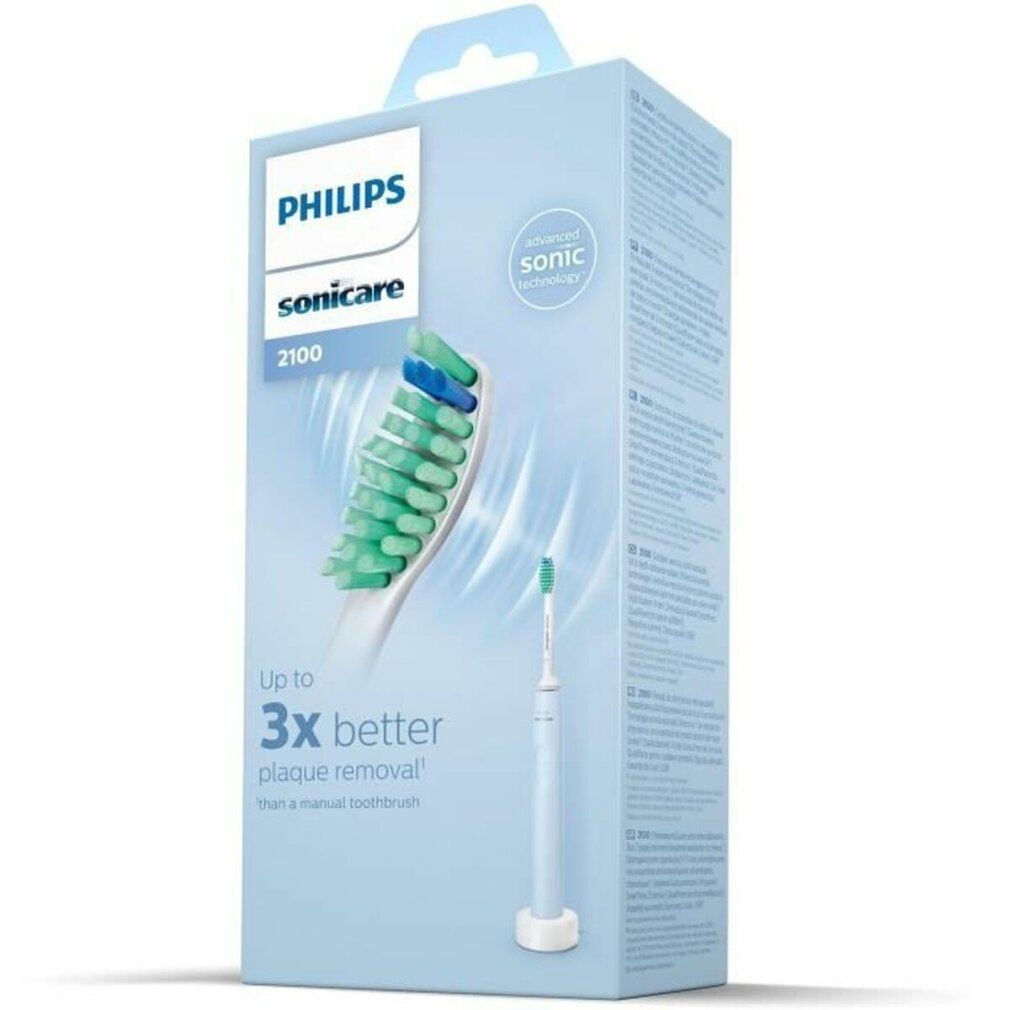 Confezione dello spazzolino Philips Sonicare 2100. Immagine del prodotto e testo: 'Up to 3x better plaque removal'.