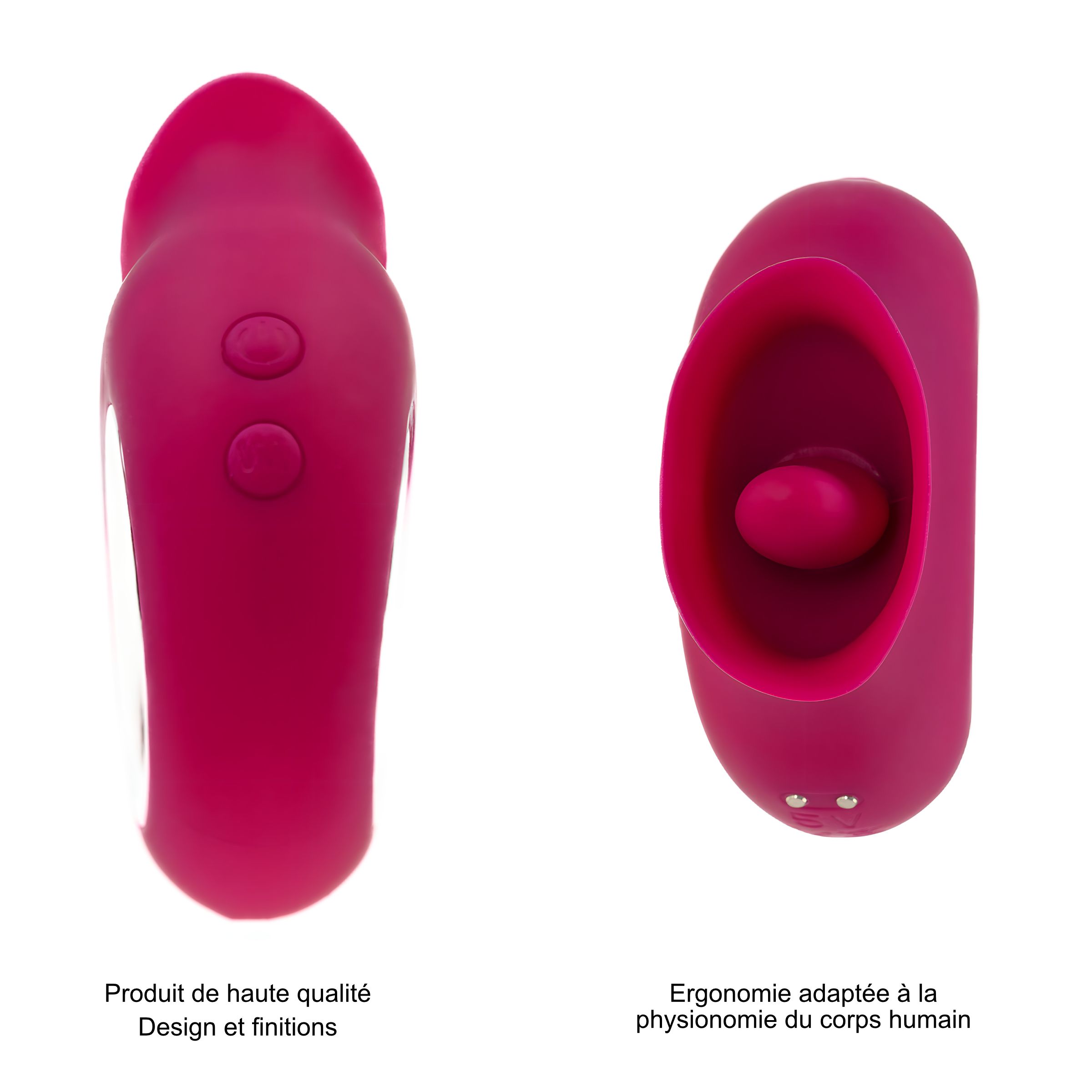 Due viste di un dispositivo rosa. Sinistra: Design e finiture. Destra: Ergonomia adattata al corpo umano.