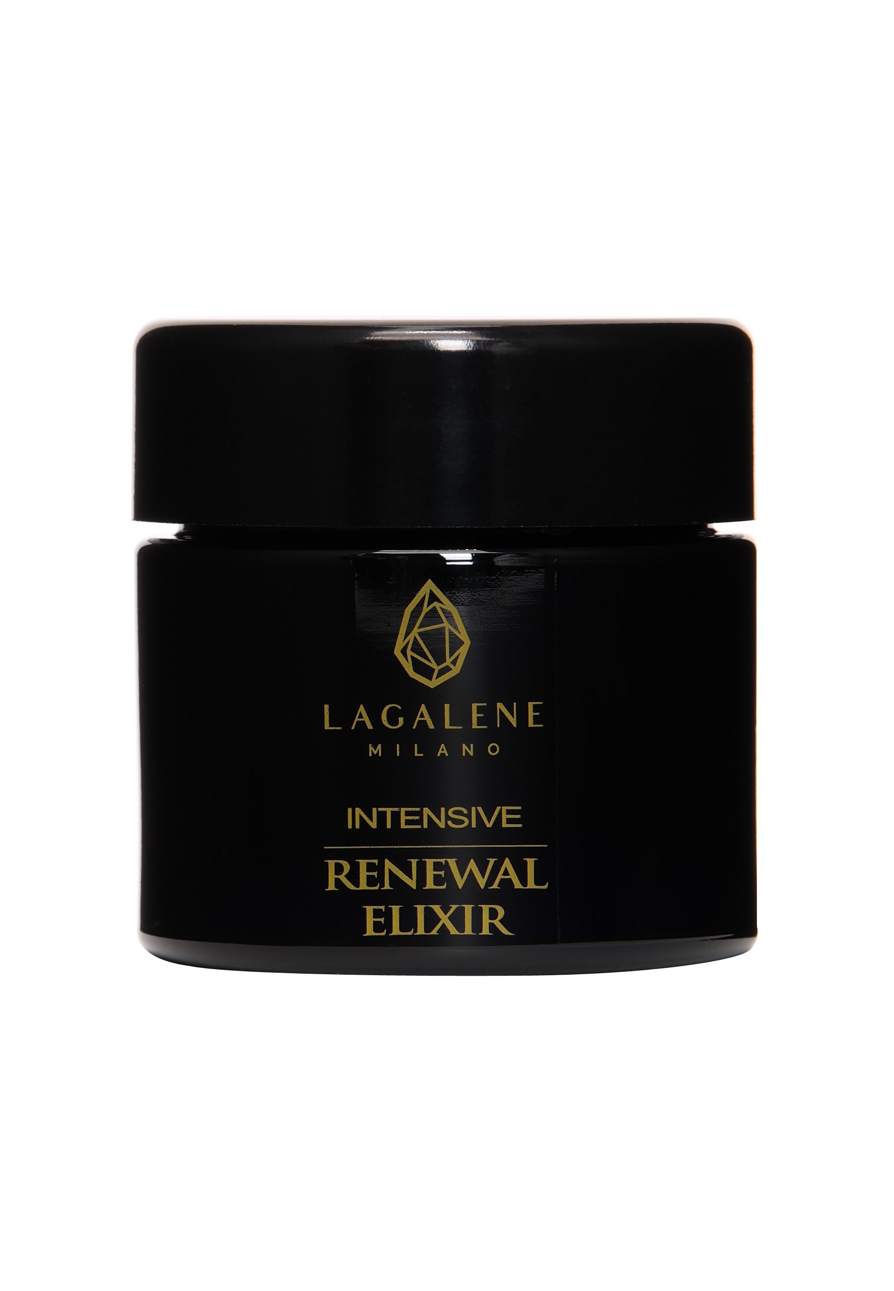 Vaso nero con scritta e logo dorati. Scritto: Intensive Renewal Elixir.