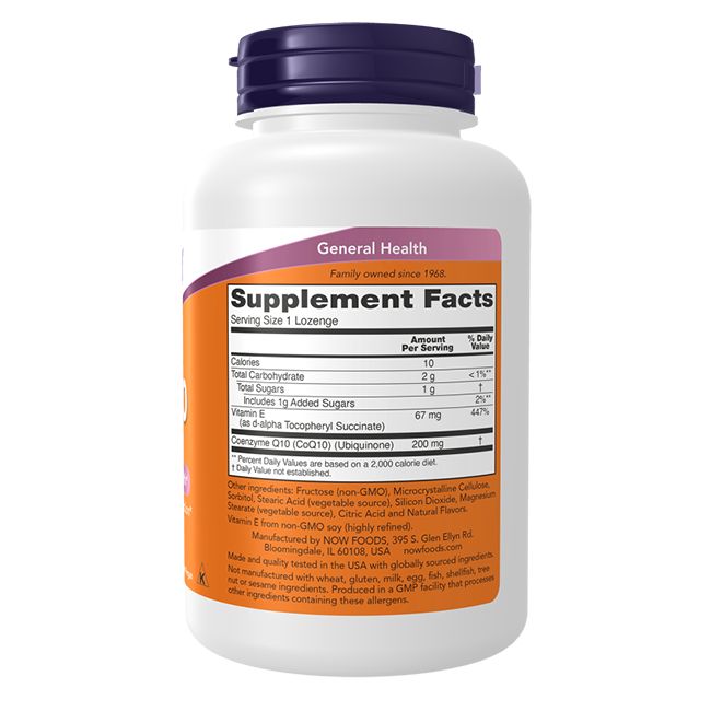 Flacone bianco con tappo viola. Etichetta con informazioni nutrizionali e ingredienti. Marchio: NOW FOODS.