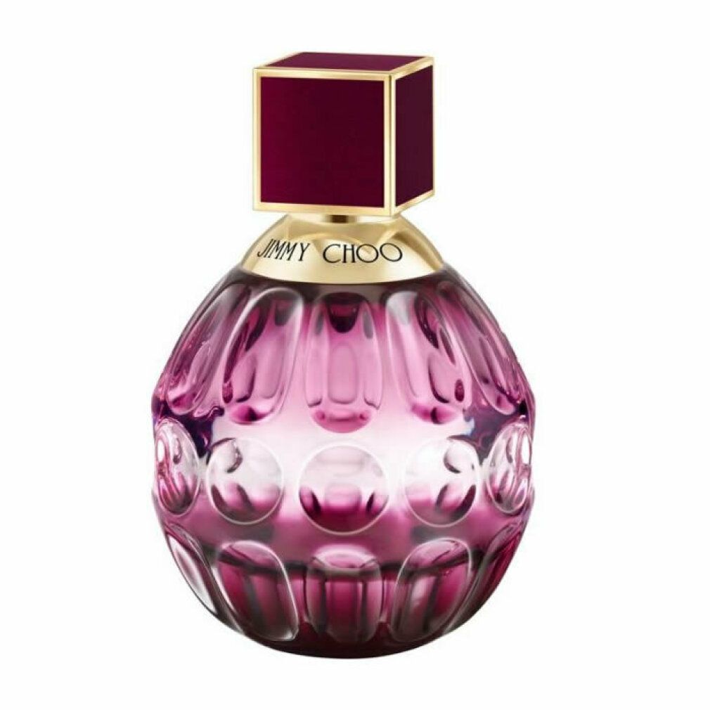 Flacone rotondo rosa di Eau de Parfum Jimmy Choo Fever. Tappo quadrato. Collo dorato.