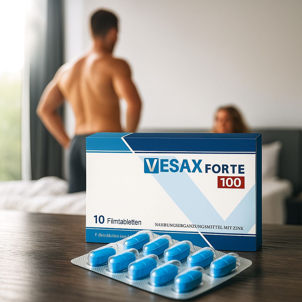 Una scatola di Vesax Forte 100 e un blister di compresse blu su un tavolo. Scritta: 10 compresse rivestite.
