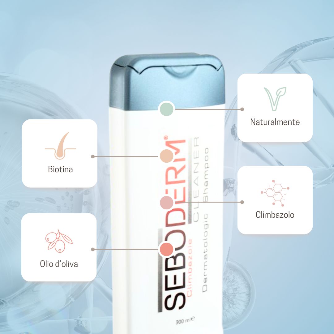 Seboderm Cleaner Shampoo in schizzi d'acqua, con olio d'oliva e climbazolo.