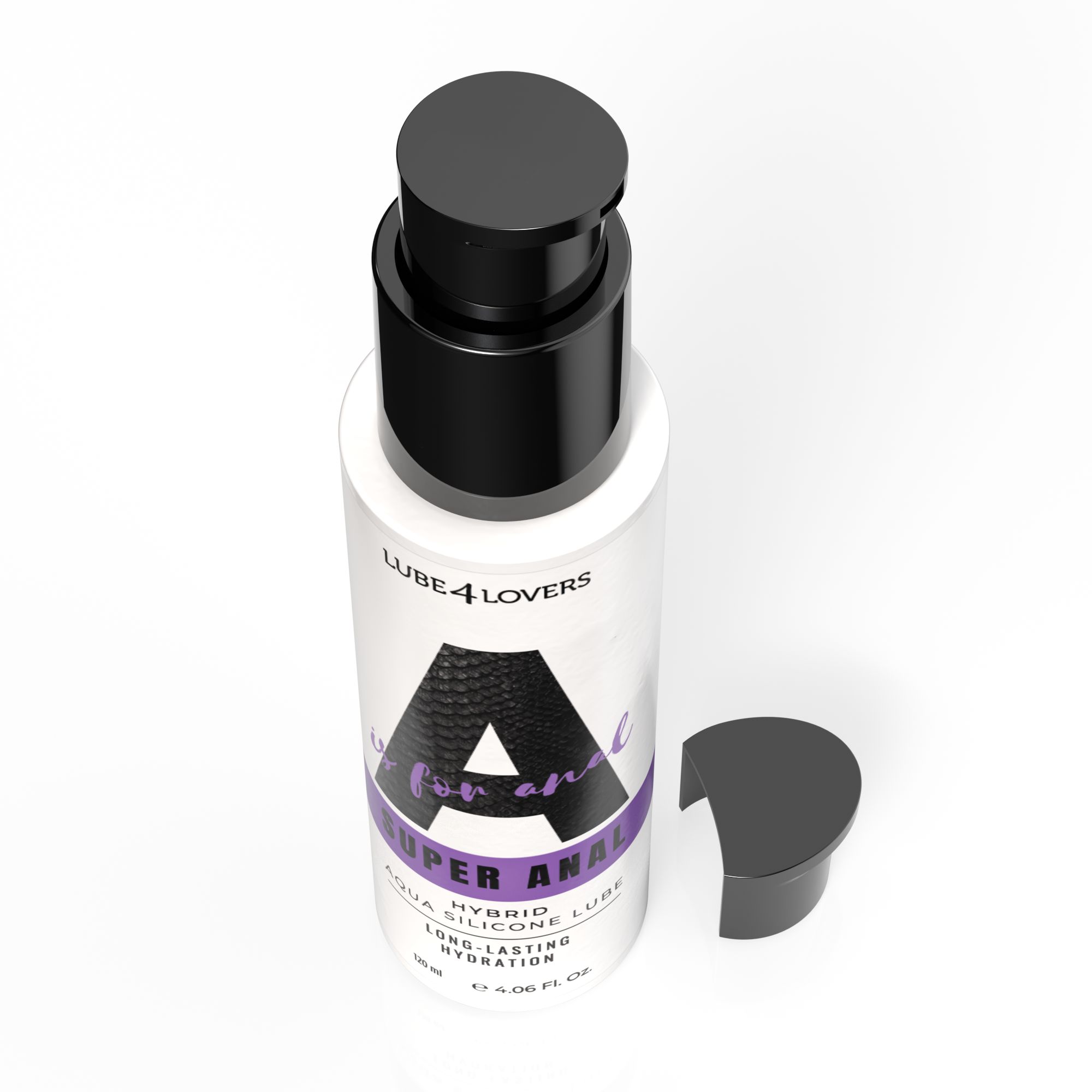 Flacone con erogatore nero e tappo rimosso. Testo: "LUBE 4 LOVERS", "A is for and SUPER ANAL". Accento viola.