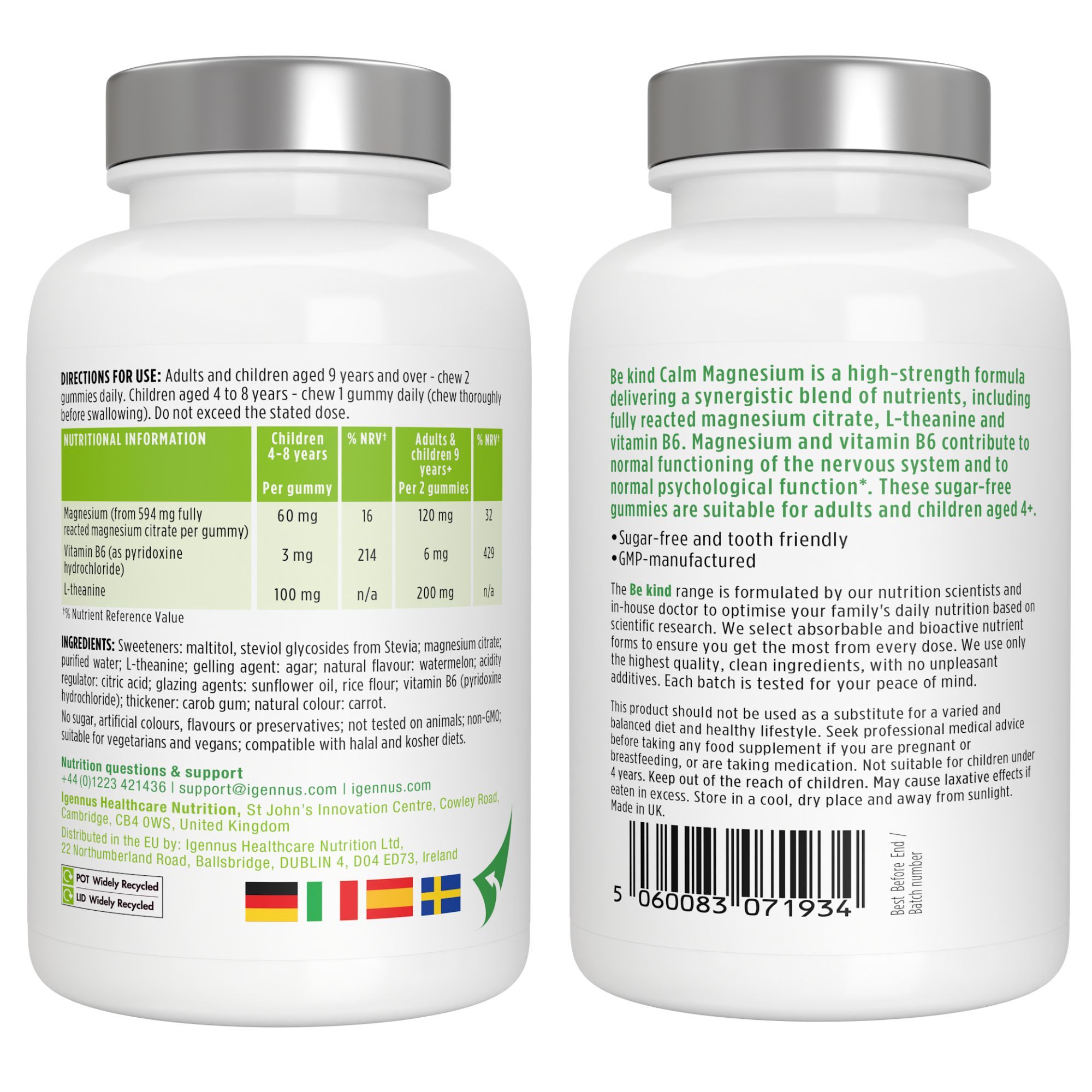 Fronte e retro di una bottiglia bianca con etichetta 'Be kind Calm Magnesium Gummies' e informazioni nutrizionali.
