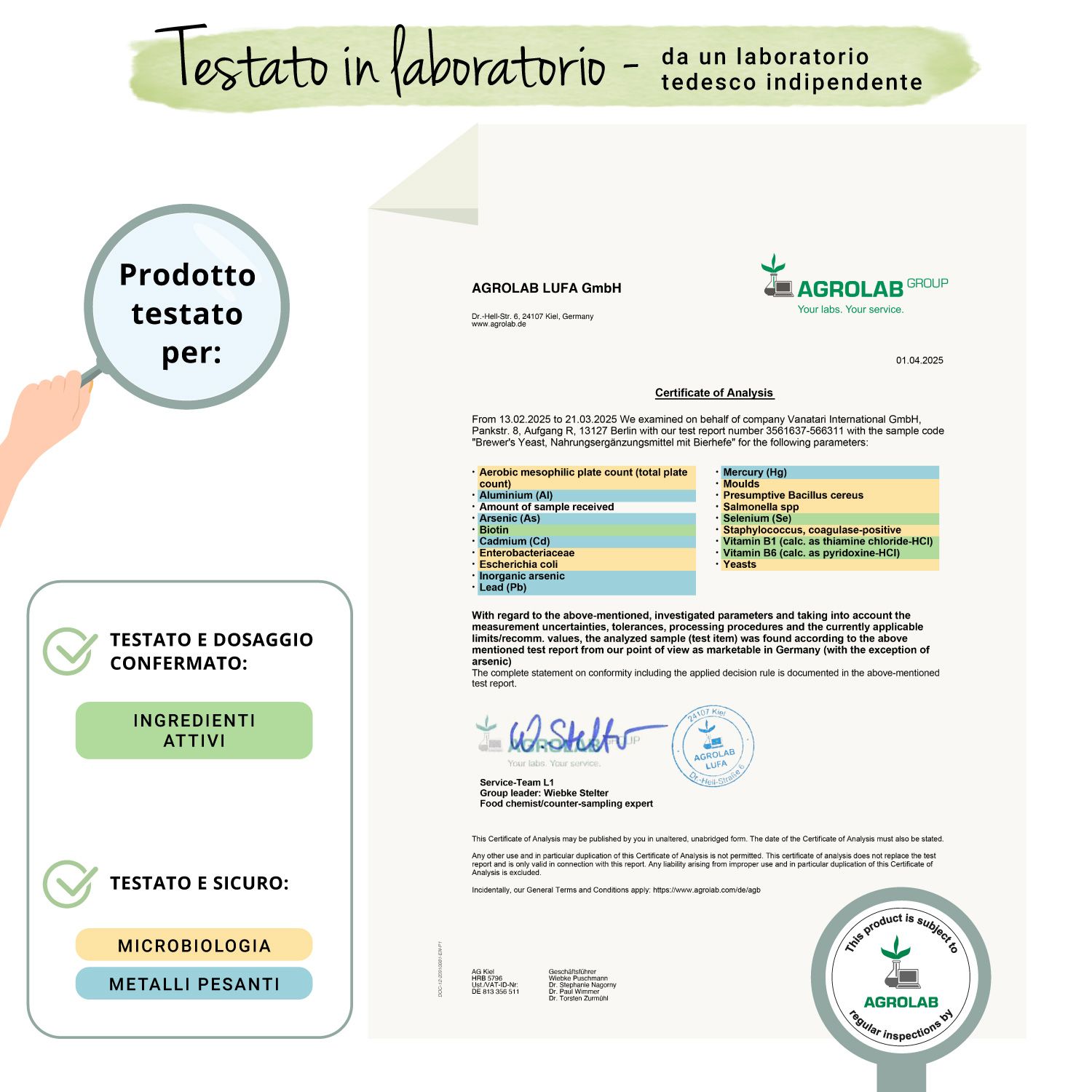 Certificato di Agrolab. Conferma degli ingredienti e della microbiologia. Marchio: Agrolab.