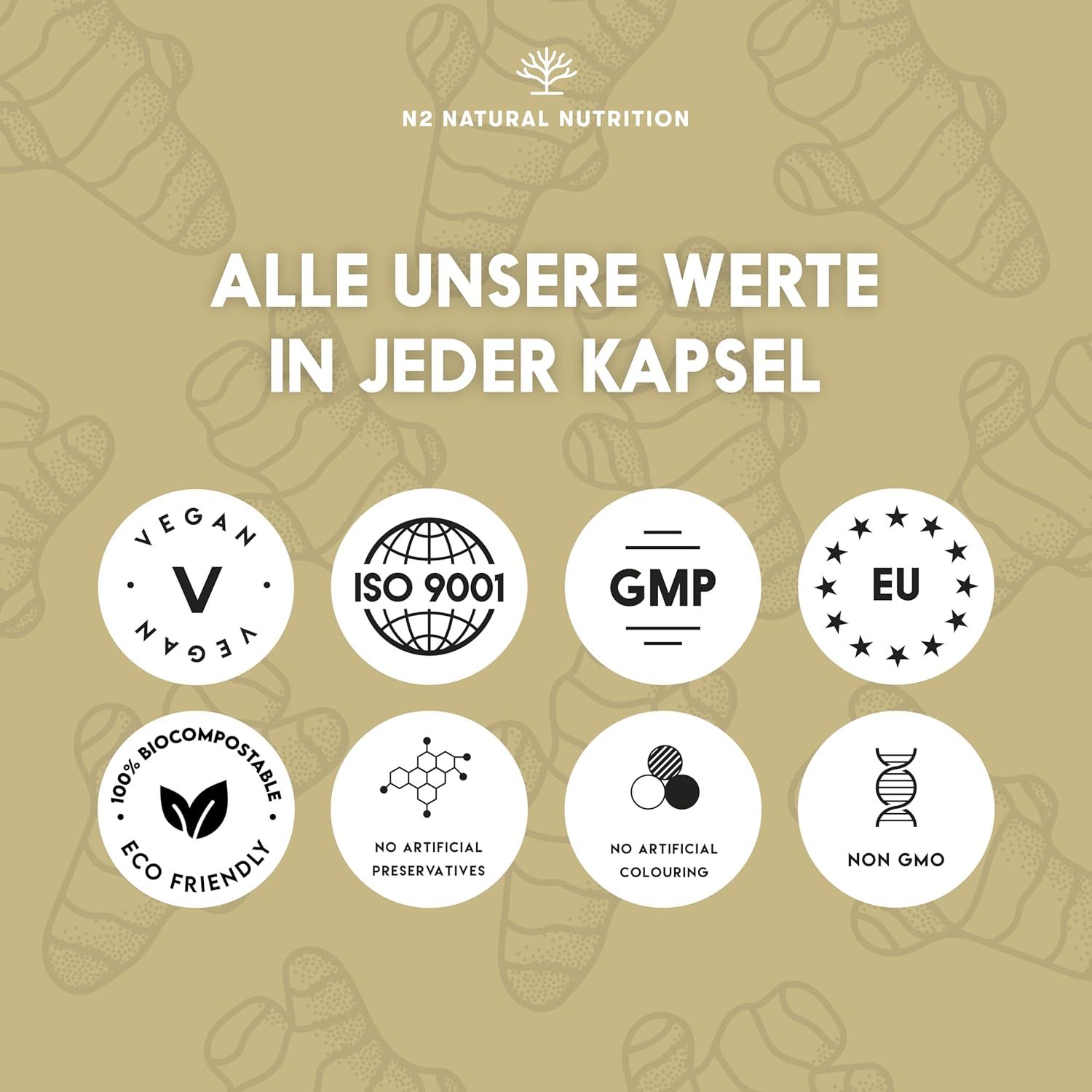 Diversi loghi: Vegan, ISO 9001, GMP, EU, 100% compostabile, Eco Friendly, senza conservanti artificiali, senza coloranti artificiali, non OGM.