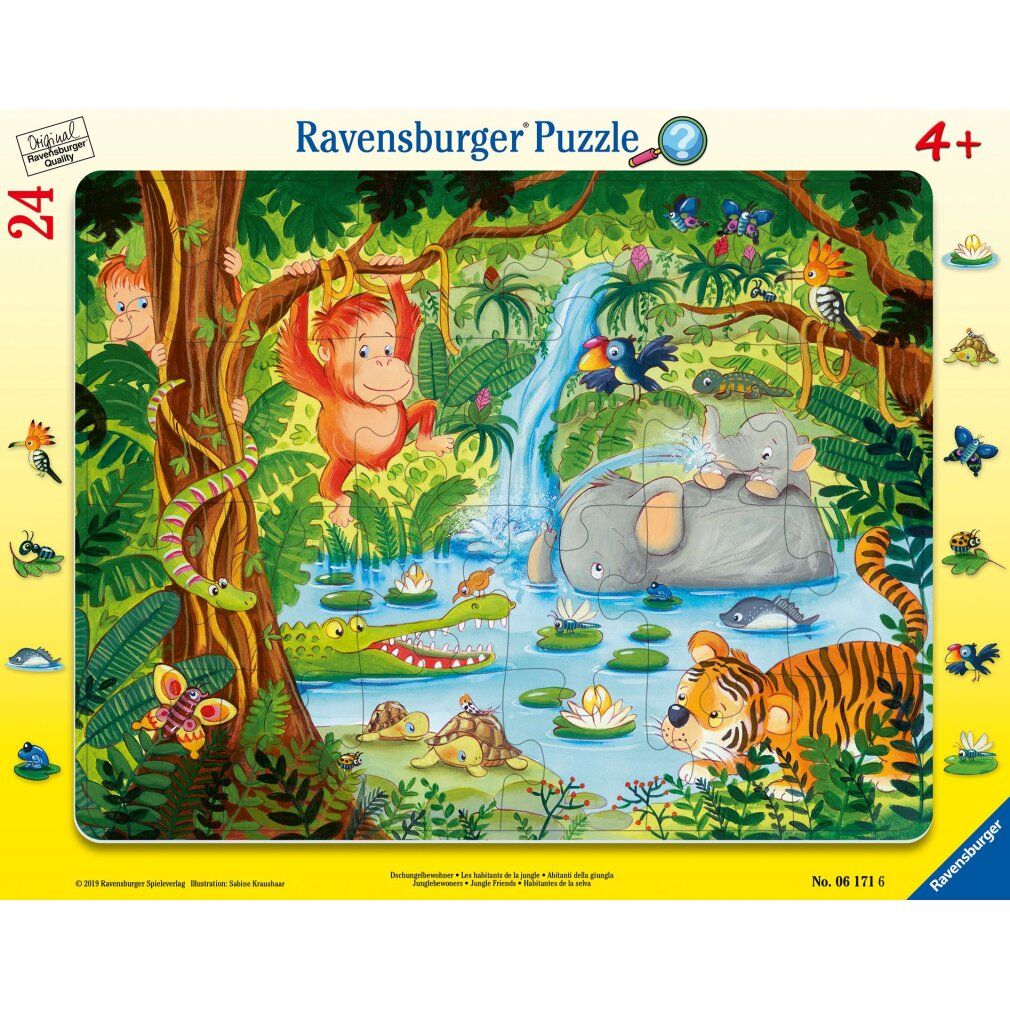Puzzle con cornice da 24 pezzi. Scena della giungla con animali, cascata e piante. Marchio Ravensburger. Età consigliata 4+.