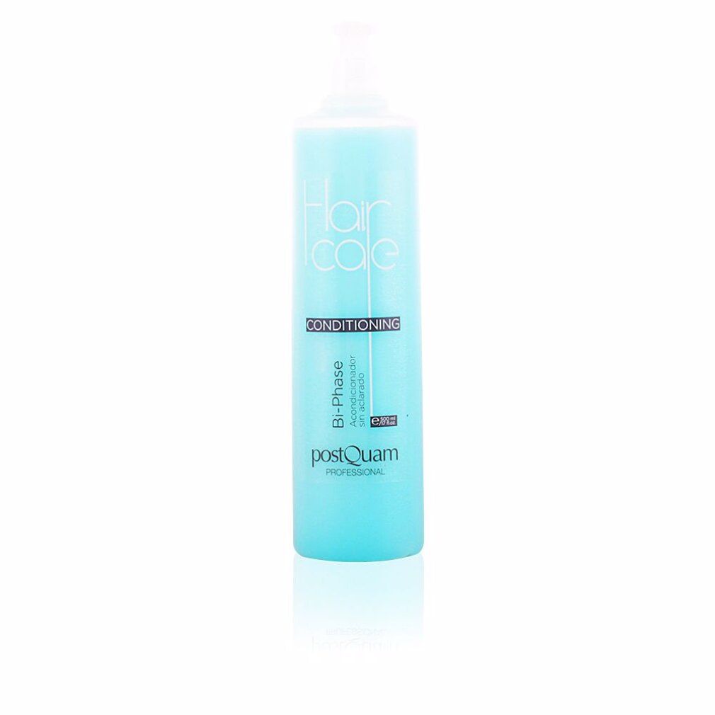 Flacone blu alto con tappo bianco. Scritte: Hair Care, Conditioning, Bi-Phase, Postquam Professional.