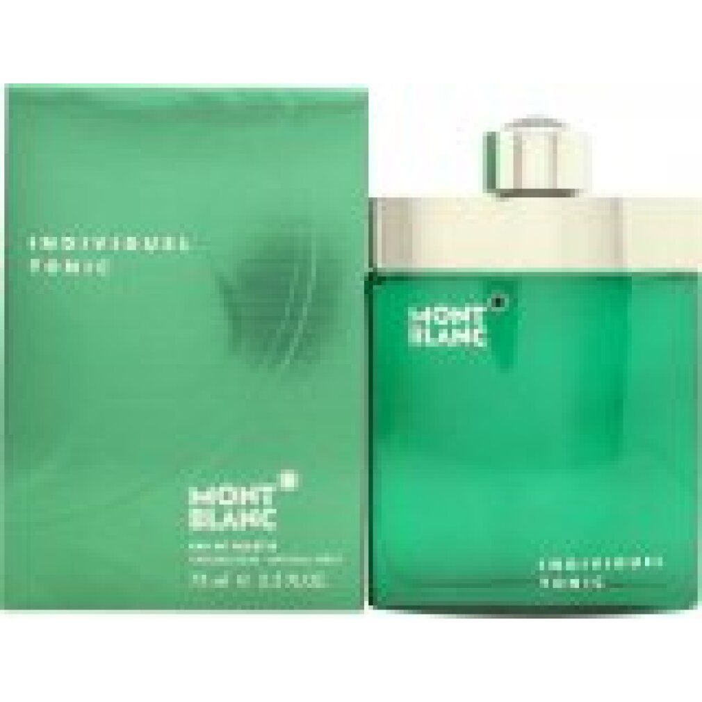 Flacone e scatola verdi. Sul flacone c'è scritto "MONT BLANC" e "INDIVIDUEL TONIC". La scatola ha lo stesso testo.