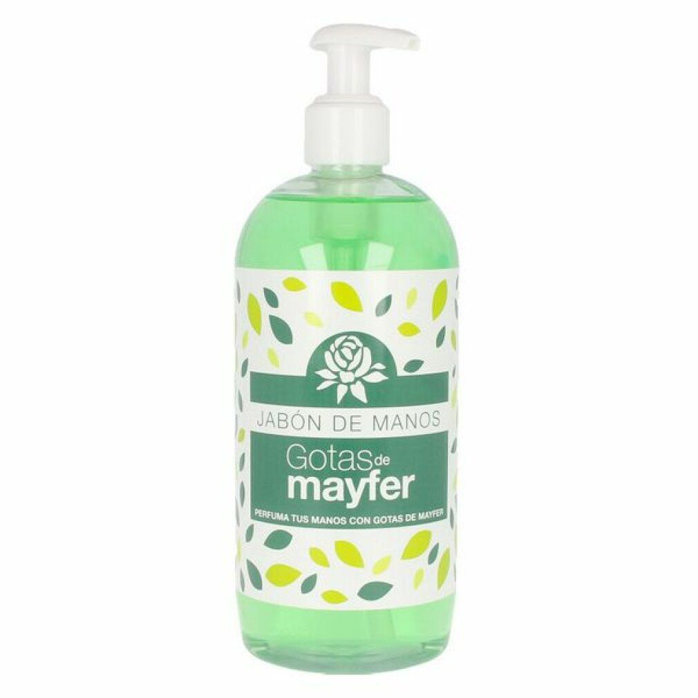 Flacone di sapone liquido verde con dispenser bianco. Scritta: Gotas de mayfer, Jabón de Manos.