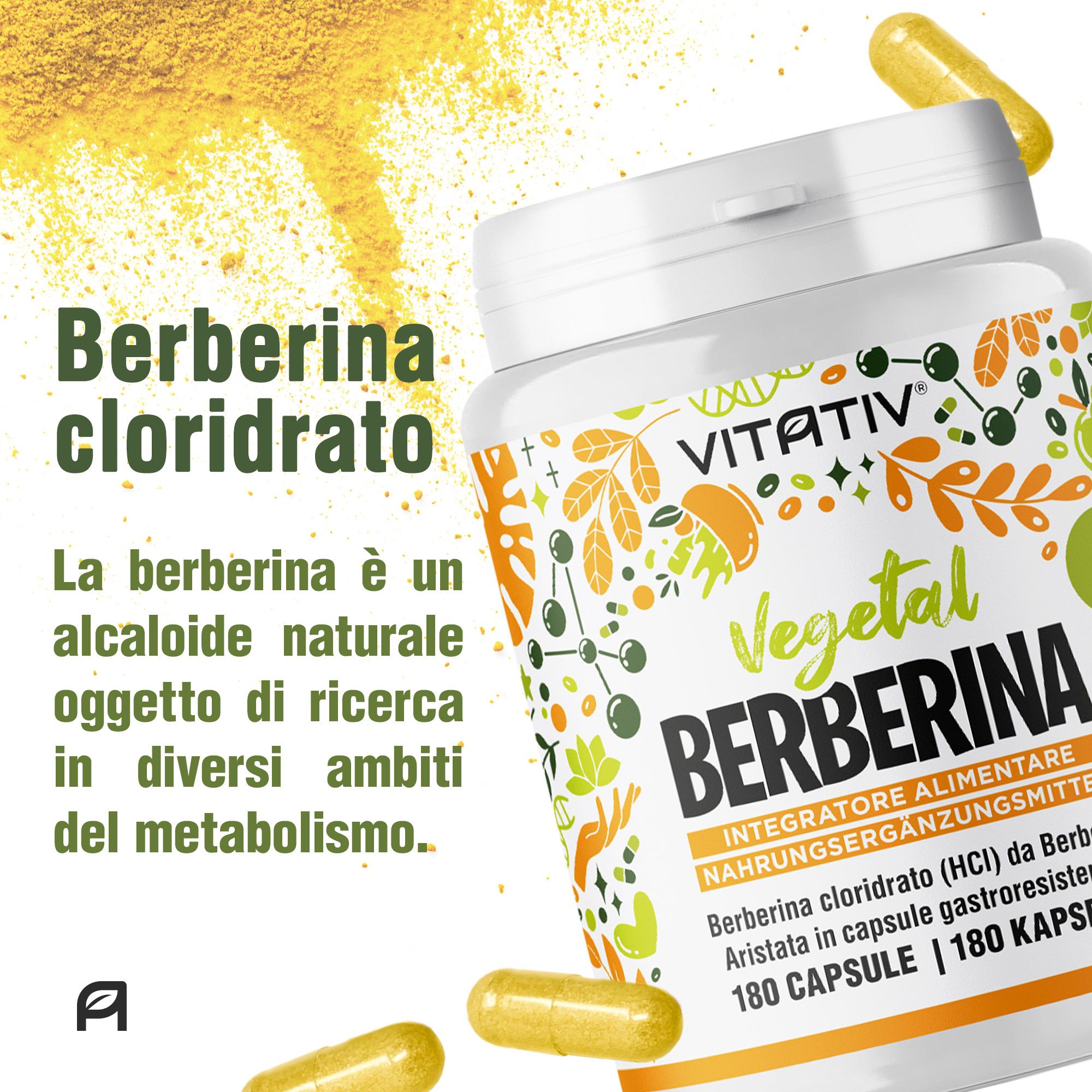 VITATIV® Berberina da Berberis Aristata in 180 Capsule Gastroresistenti da 300mg, HCl Alta Purezza