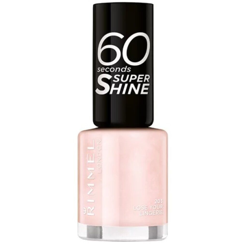 Smalto per unghie Rimmel London. Flacone rosa con tappo nero. Scritta: 60 seconds Super Shine. Tonalità: Lose Your Lingerie.