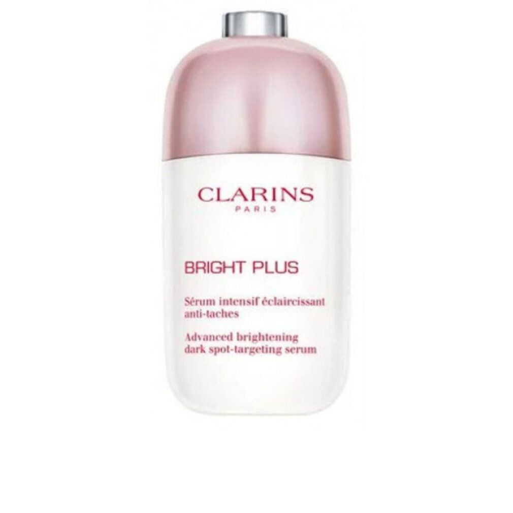 Flacone di siero Clarins Bright Plus. Flacone bianco, tappo rosa. Scritta: Bright Plus, Sérum intensif éclaircissant anti-taches.