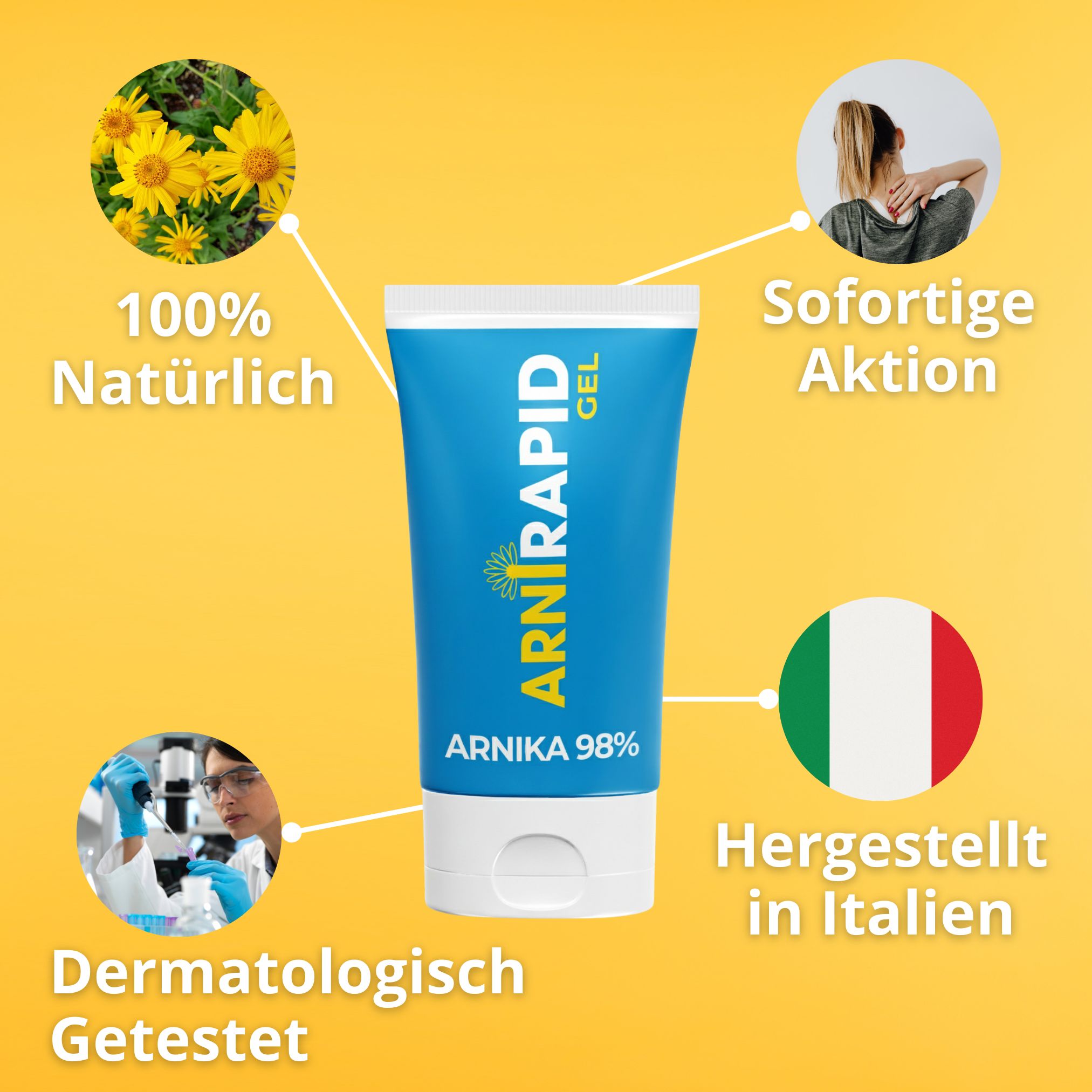 Tubetto ARNIRAPID con Arnica, 100% naturale, testato dermatologicamente, azione immediata, prodotto in Italia.