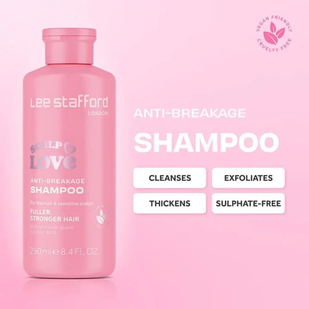 Flacone di shampoo rosa con scritta: Lee Stafford Scalp Love Anti-Breakage Shampoo. Vegano e cruelty-free.