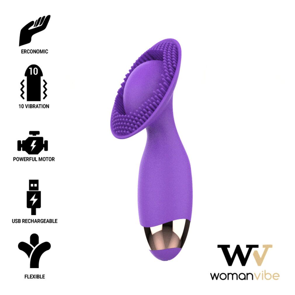Stimolatore viola con superficie strutturata e manico. Caratteristiche: ergonomico, 10 vibrazioni, motore potente, ricaricabile USB, flessibile. Marchio: WomanVibe.