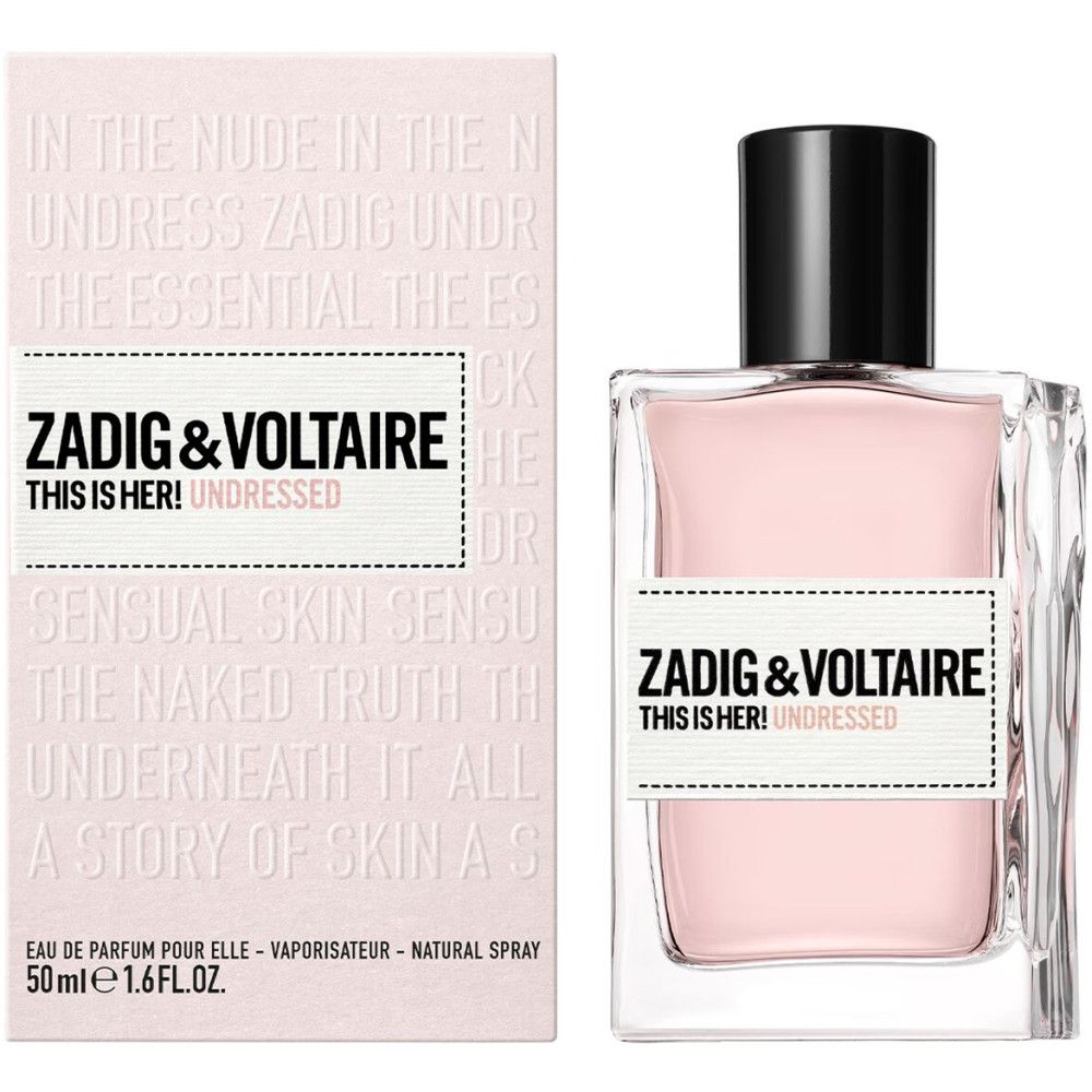 Eau de parfum Zadig & Voltaire This Is Her! Undressed. Flacone rettangolare rosa e tappo nero. Confezione accanto.