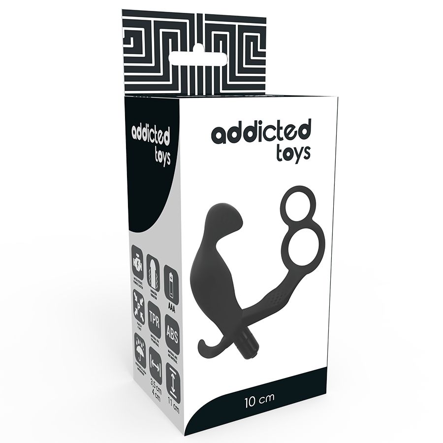 Confezione con prodotto benessere. Prodotto nero con doppi anelli per il pene. Marca: Addicted Toys. 10 cm.