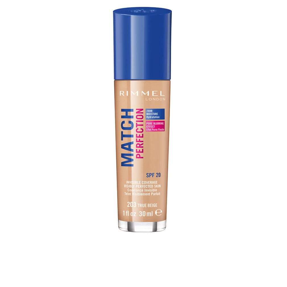 Flacone di fondotinta Rimmel Match Perfection, 30ml, SPF 20, tonalità 203 True Beige.