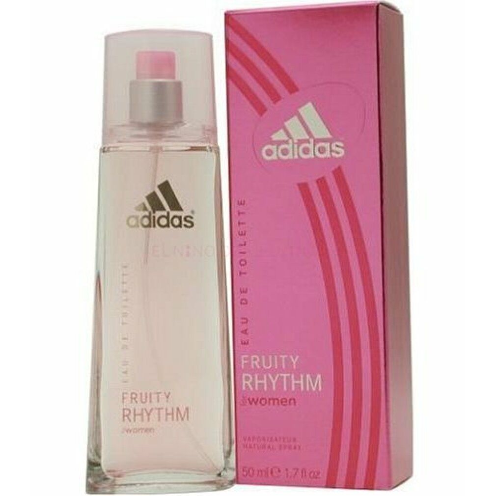 Flacone di profumo e confezione. Scritta: Adidas, Fruity Rhythm, eau de toilette, 50ml.