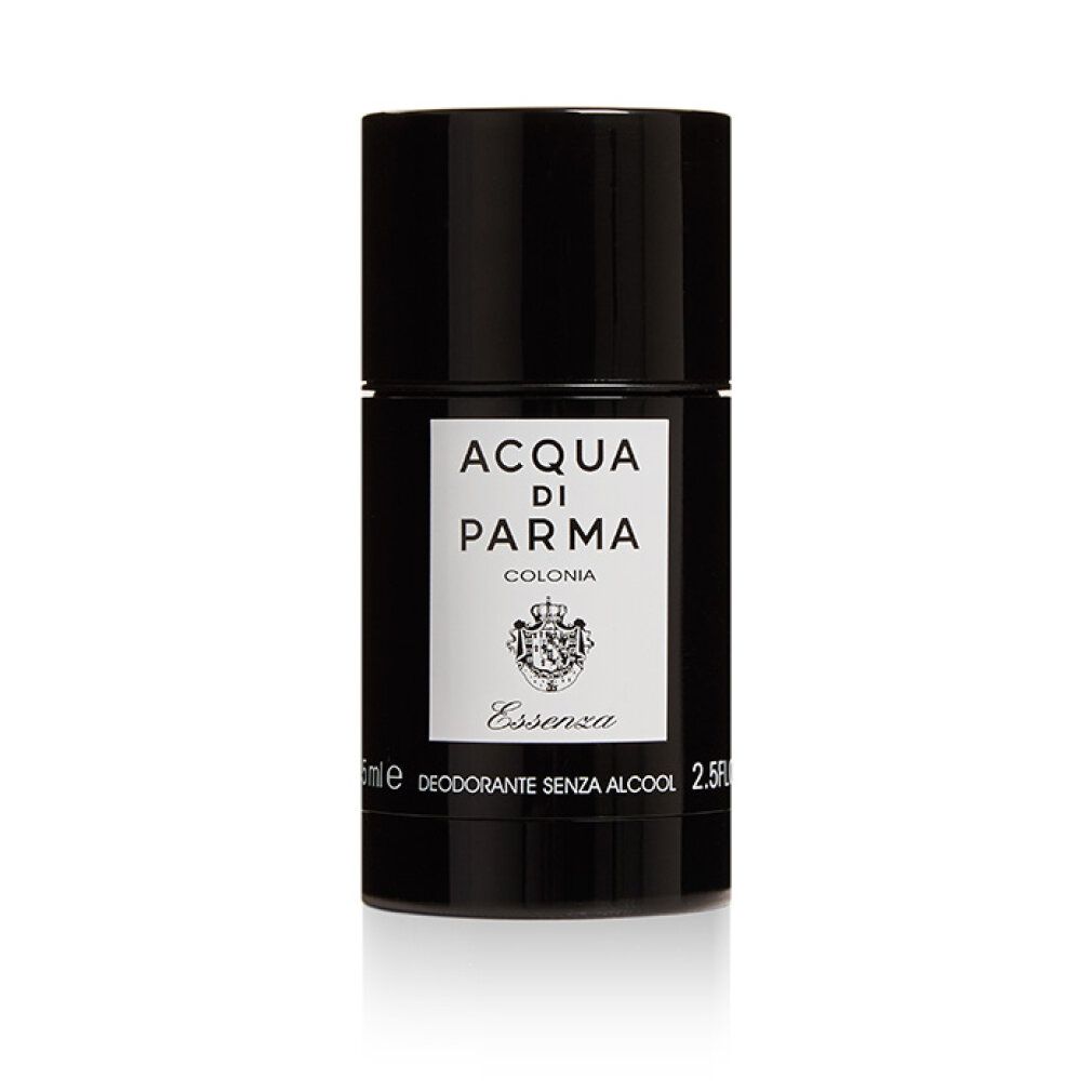Stick deodorante nero con etichetta bianca. Scritta: Acqua di Parma Colonia Essenza, Deodorante Senza Alcool.