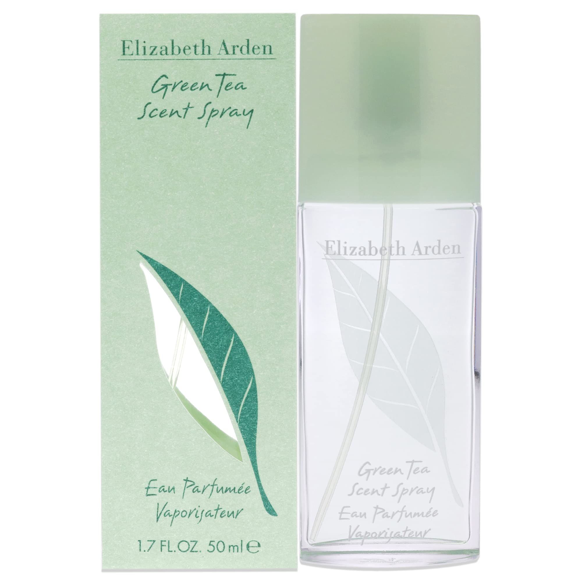 Scatola e flacone verdi. Scritta: Elizabeth Arden, Green Tea Scent Spray, Eau Parfumée Vaporisateur. Design foglia. 1.7 FL.OZ. 50ml.