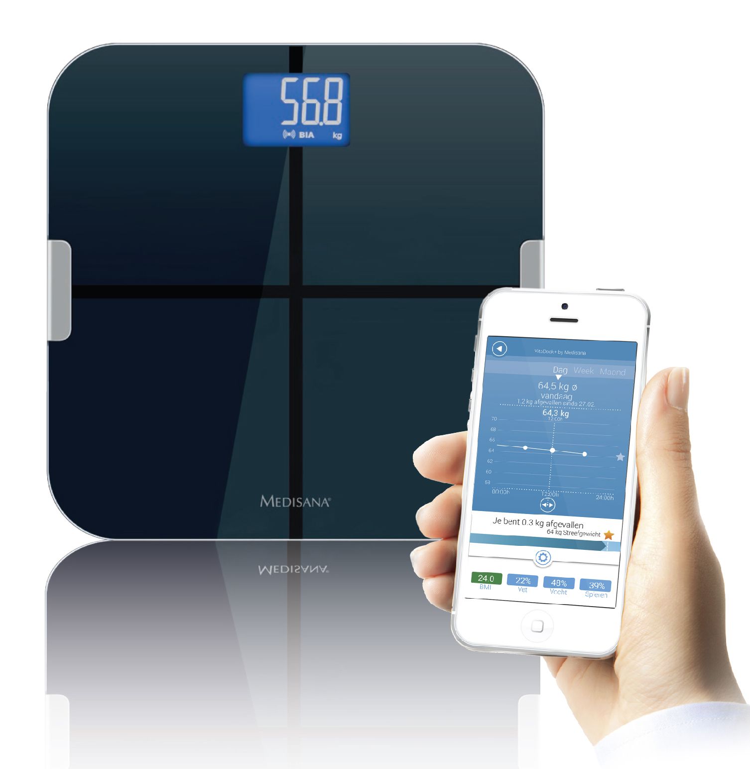 Bilancia per analisi corporea e smartphone. Bilancia blu con display. Smartphone mostra i dati dell'app. Logo MEDISANA.