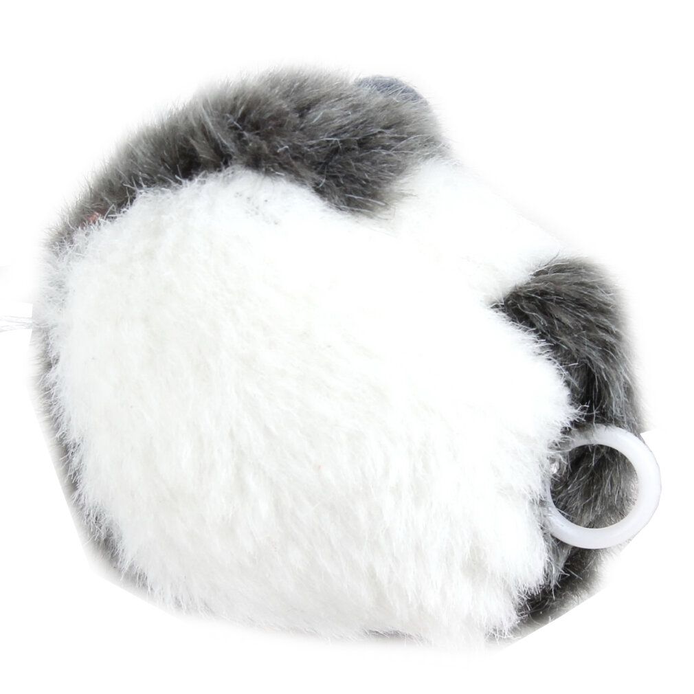 Giocattolo per gatti grigio e bianco, a forma di palla, con anello bianco. Tessuto peloso.