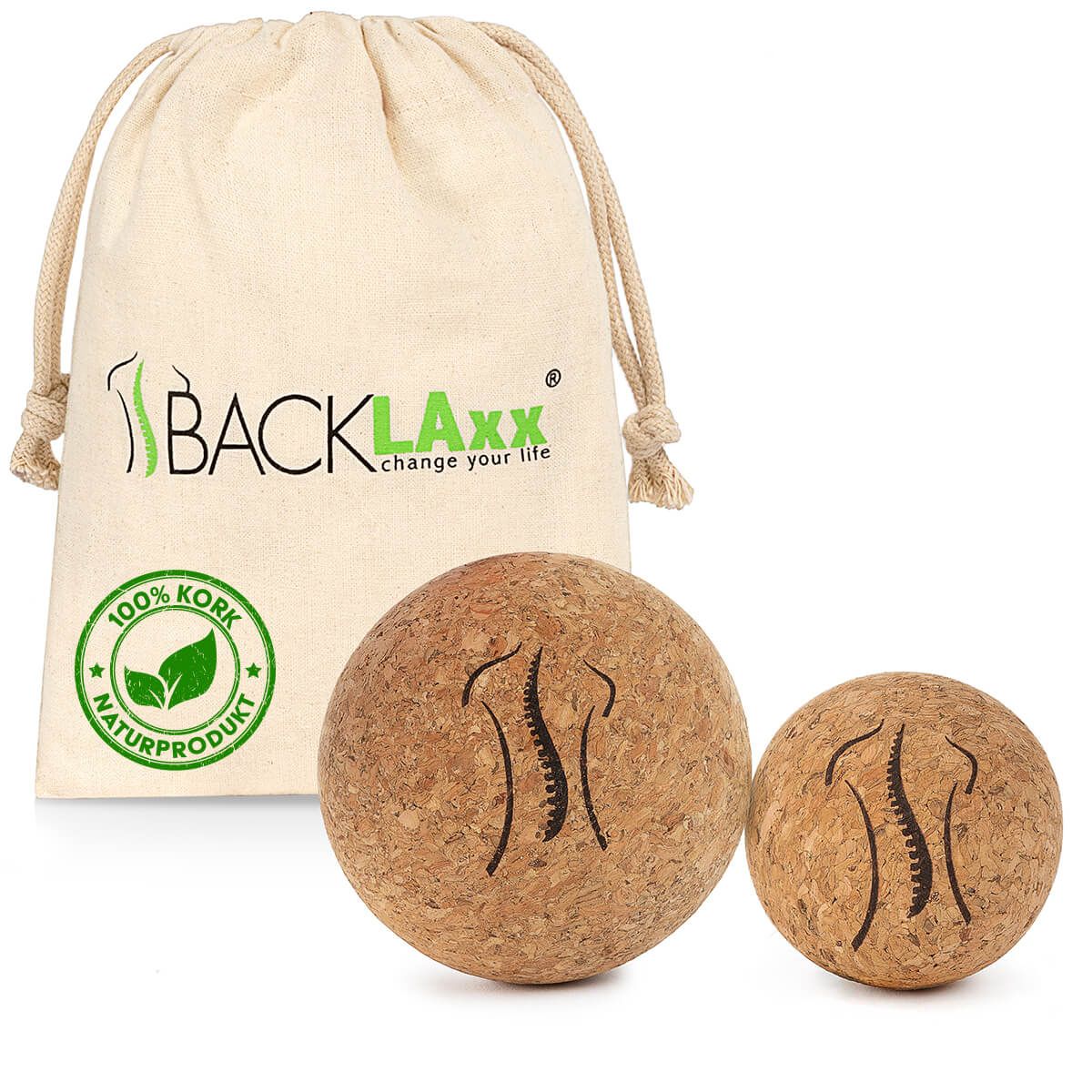 BACKLAxx® Set di palline da massaggio in sughero con borsa, 5 cm & 7 cm