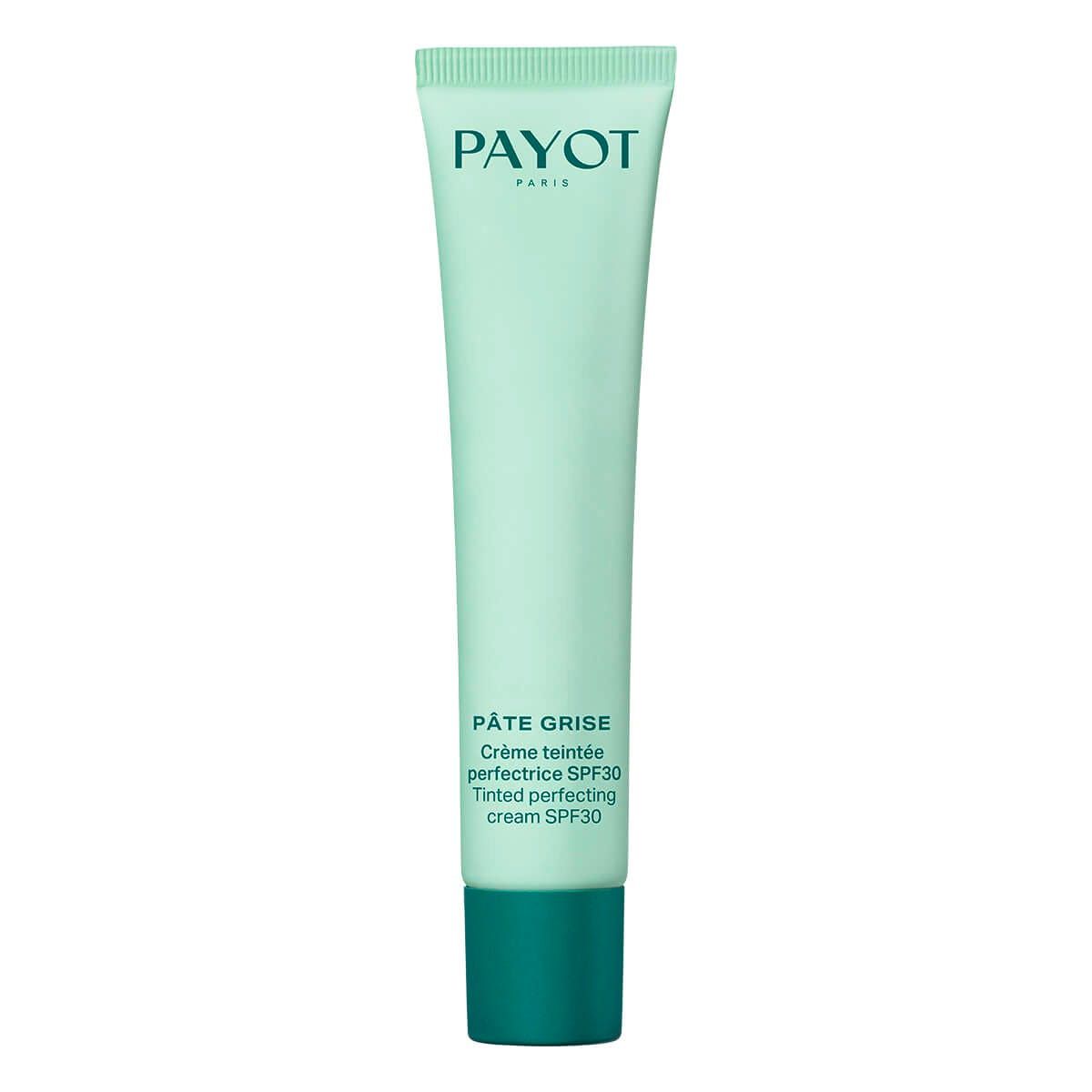 Tubo Payot Pâte Grise Nude SPF 30, verde menta con tappo verde scuro. Scritte in francese e inglese. SPF 30 visibile.