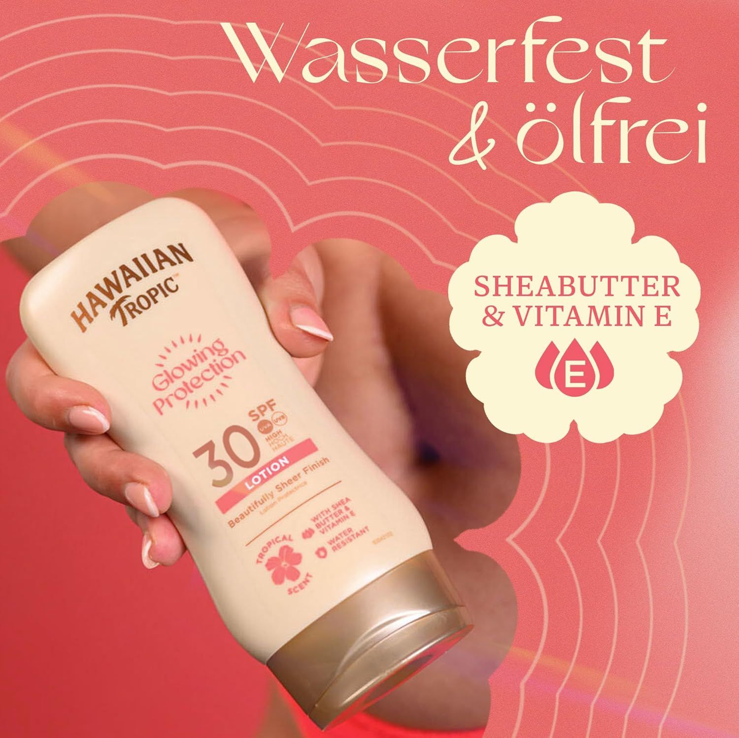Lozione solare SPF 30. Marchio: Hawaiian Tropic. Scritta: Glowing Protection, Lotion. Testo: Burro di karité & Vitamina E.