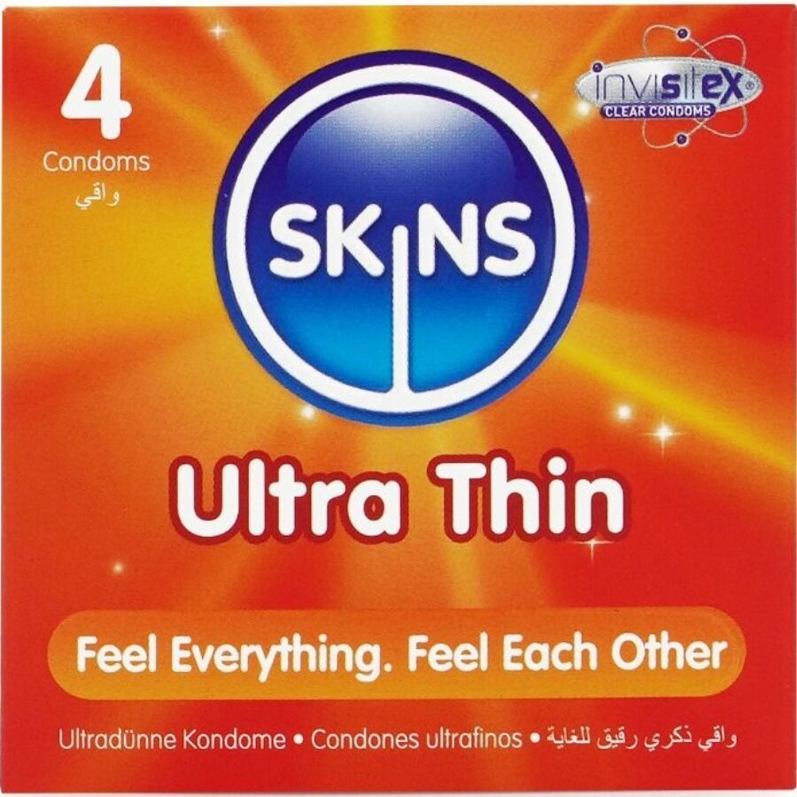 Confezione da 4 preservativi Skins Ultra Thin, trasparenti e extra lubrificati.
