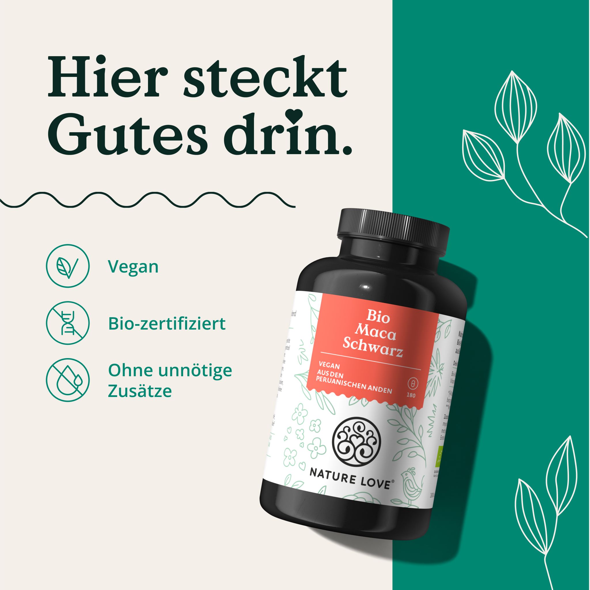 Flacone nero con etichetta rossa. Scritta: Bio Maca Schwarz, Vegan, certificato bio. Logo: NATURE LOVE®.