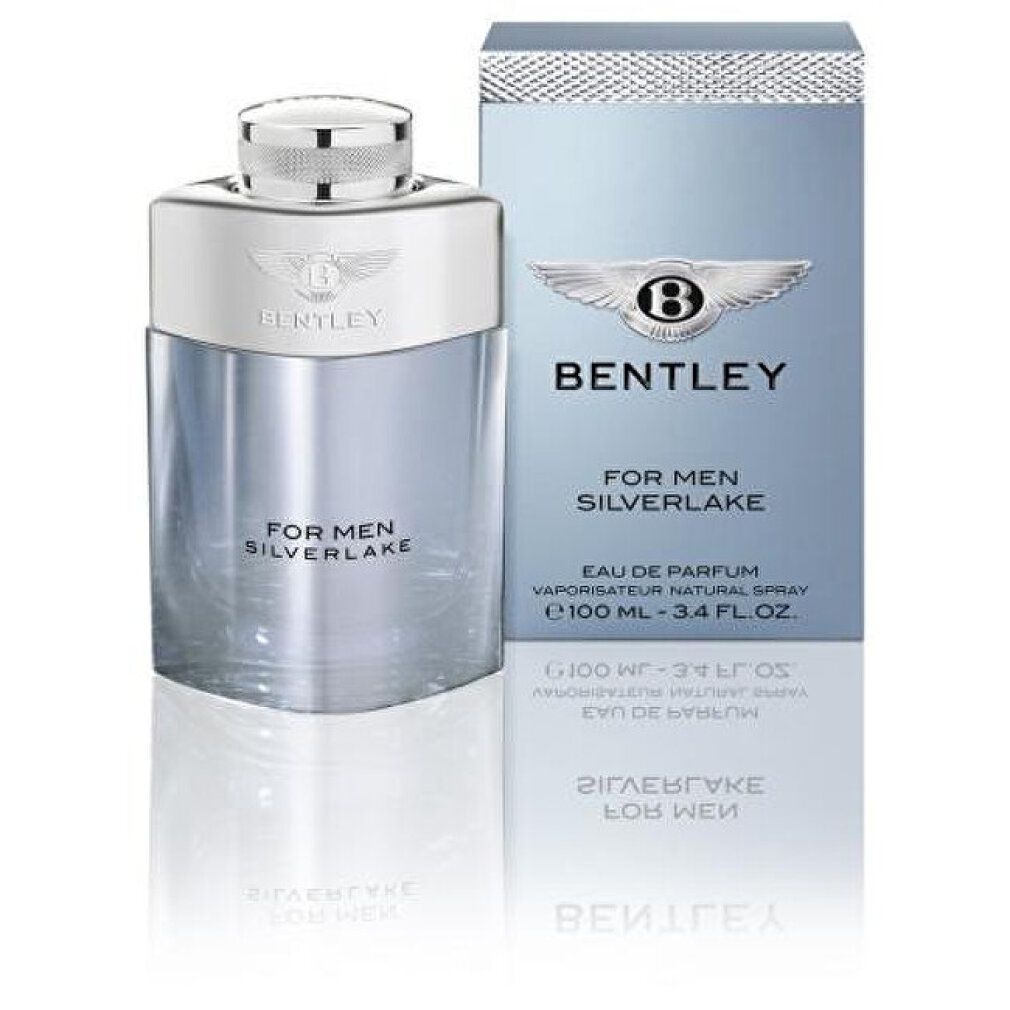 Bentley For Men Silverlake Eau de Parfum Spray. Flacone e confezione. Flacone argento, scatola blu con logo e scritta.