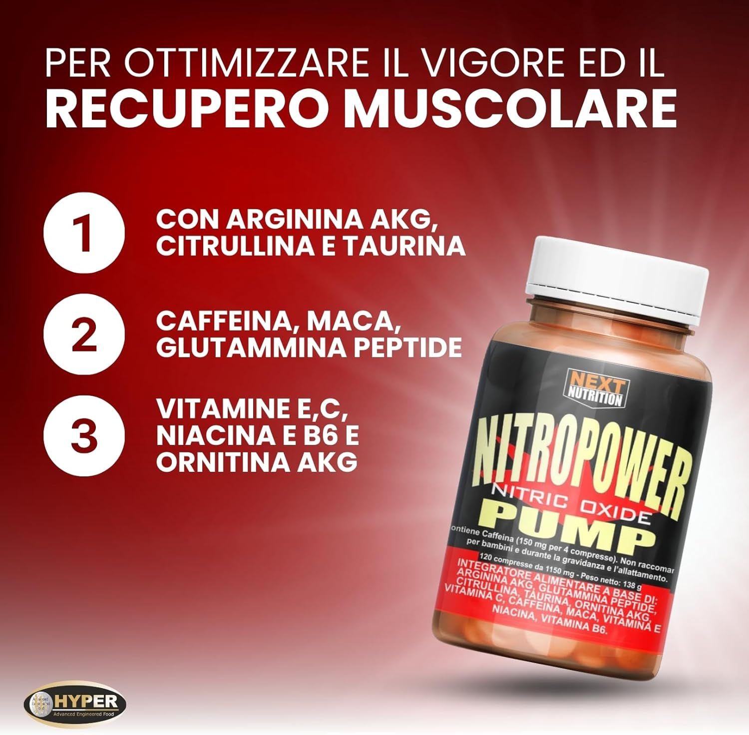 Flacone marrone con Nitro Power Pump. Testo: Con Arginina AKG, Citrullina e Taurina. Caffeina, Maca, Peptide di glutammina.
