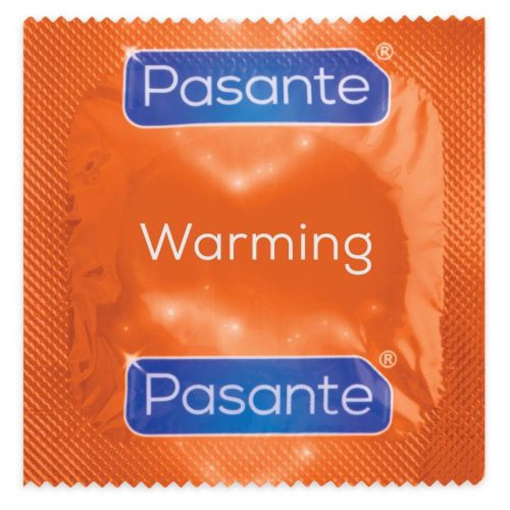 Confezione singola di preservativo, arancione. Scritta: Pasante, Warming.