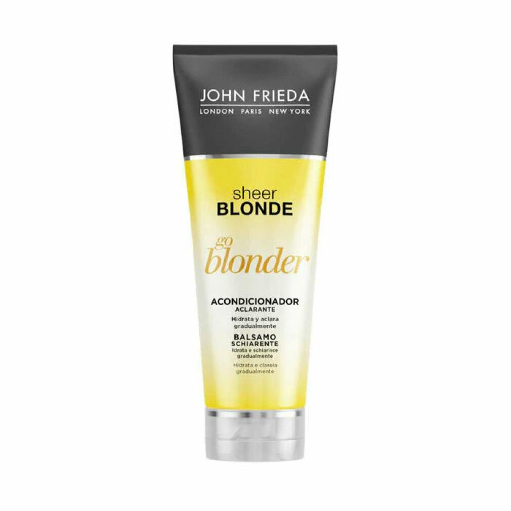 Tubo giallo con tappo nero. Scritta: John Frieda Sheer Blonde Go Blonder Lightening Conditioner. Contiene agrumi e camomilla.