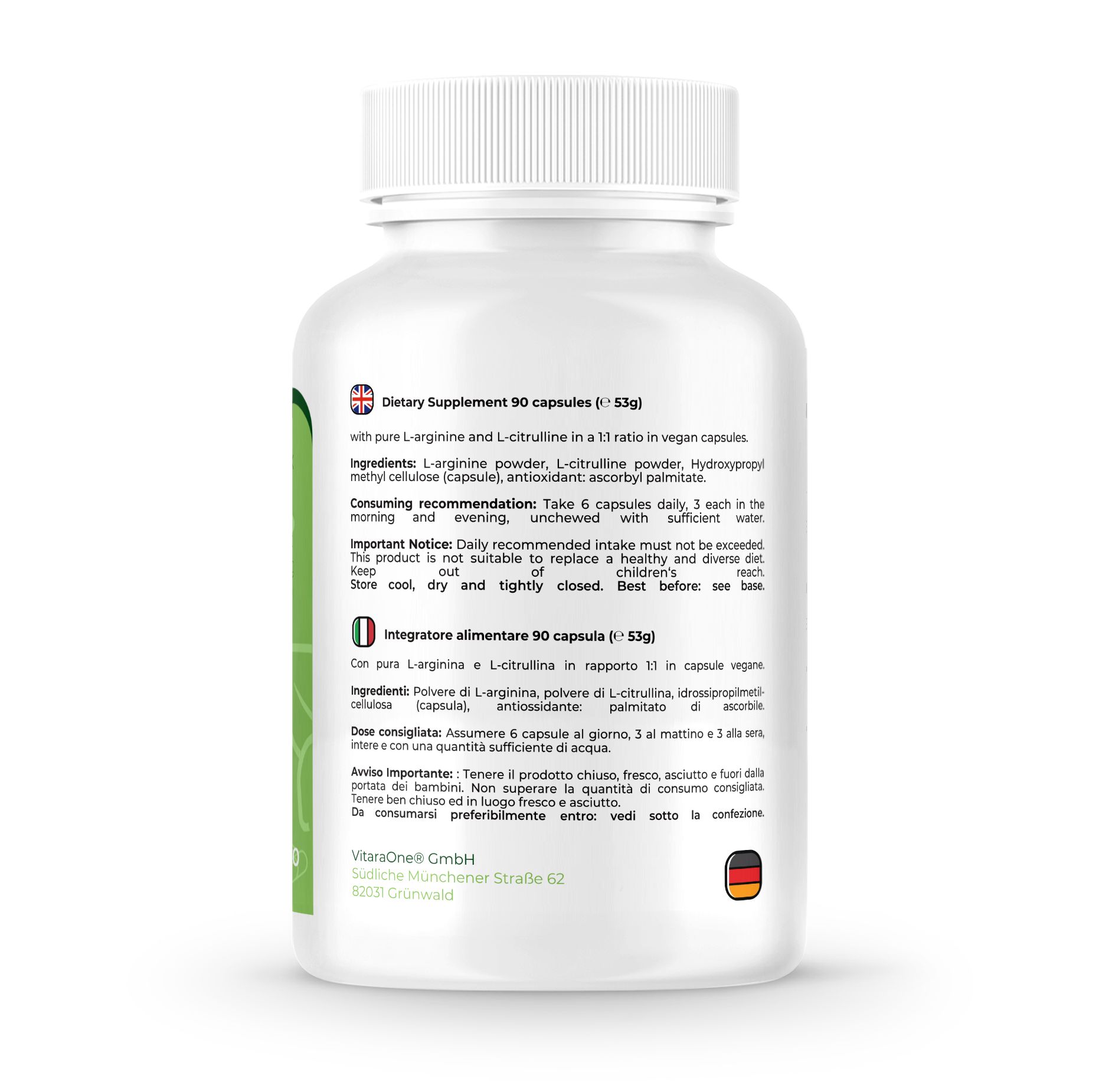 Retro di un flacone bianco. Contiene 90 capsule. L-Arginina e L-Citrullina. Vegano. Informazioni nutrizionali.