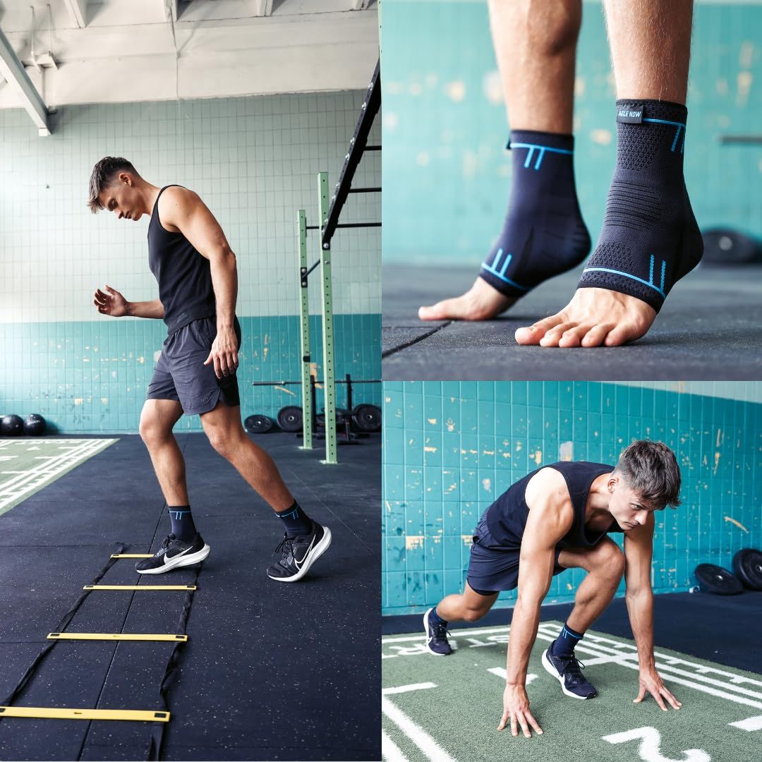 Diverse immagini di persone con tutori per caviglia neri. Marchio: AGILE NOW. In vari sport.