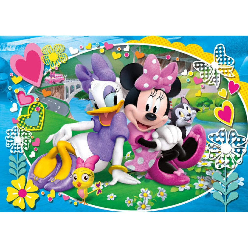 Motivo puzzle con Minnie, Daisy e gatto. Su sfondo blu, circondato da fiori e cuori. 104 pezzi.