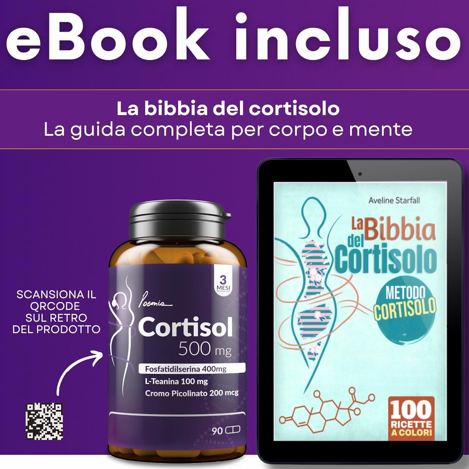 Flacone Poemia Cortisol 500mg ed E-book "La Bibbia del Cortisolo" su tablet.
