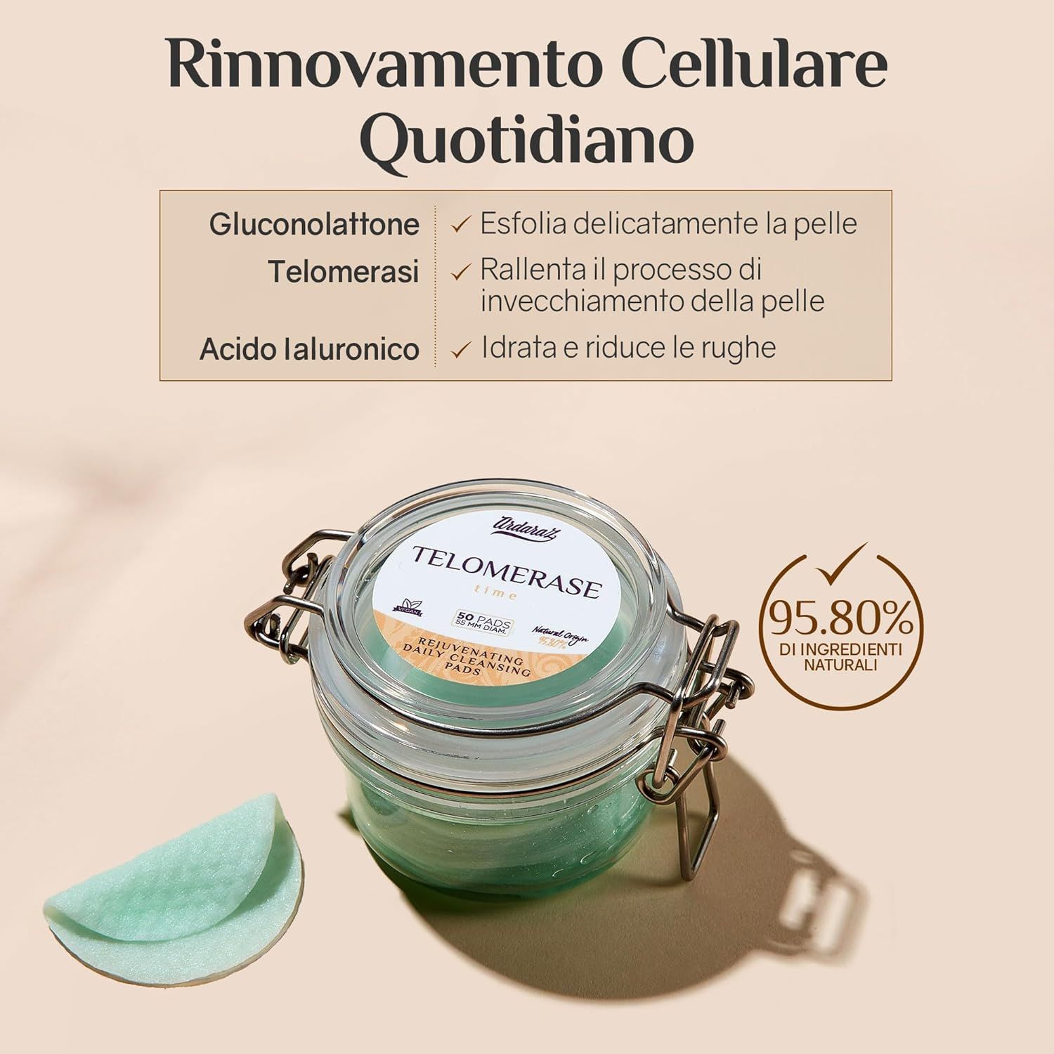 Barattolo con dischetti, dischetto accanto. Testo: Rinnovamento cellulare quotidiano. Ingredienti: Gluconolattone, Telomerasi, Acido ialuronico.