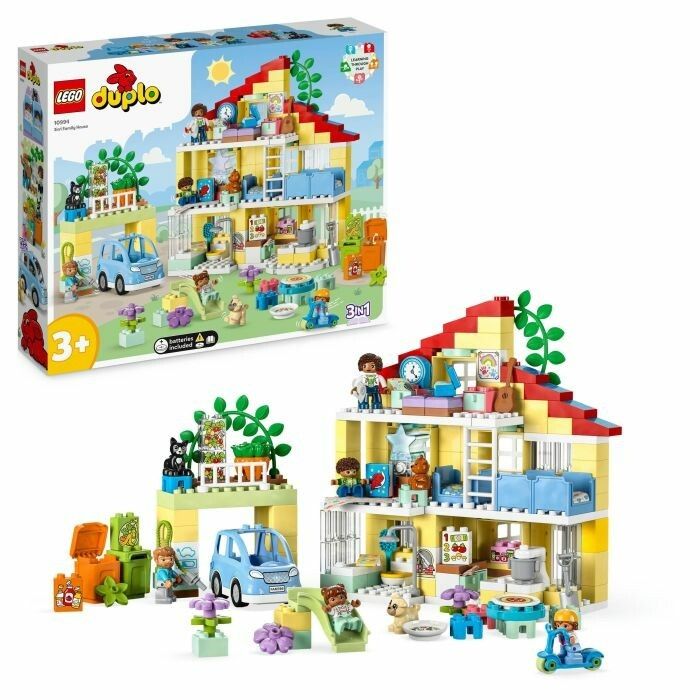 LEGO Duplo Casa famiglia 3-in-1. Casa gialla con tetto rosso, personaggi, auto, scivolo e accessori. Confezione a sinistra.