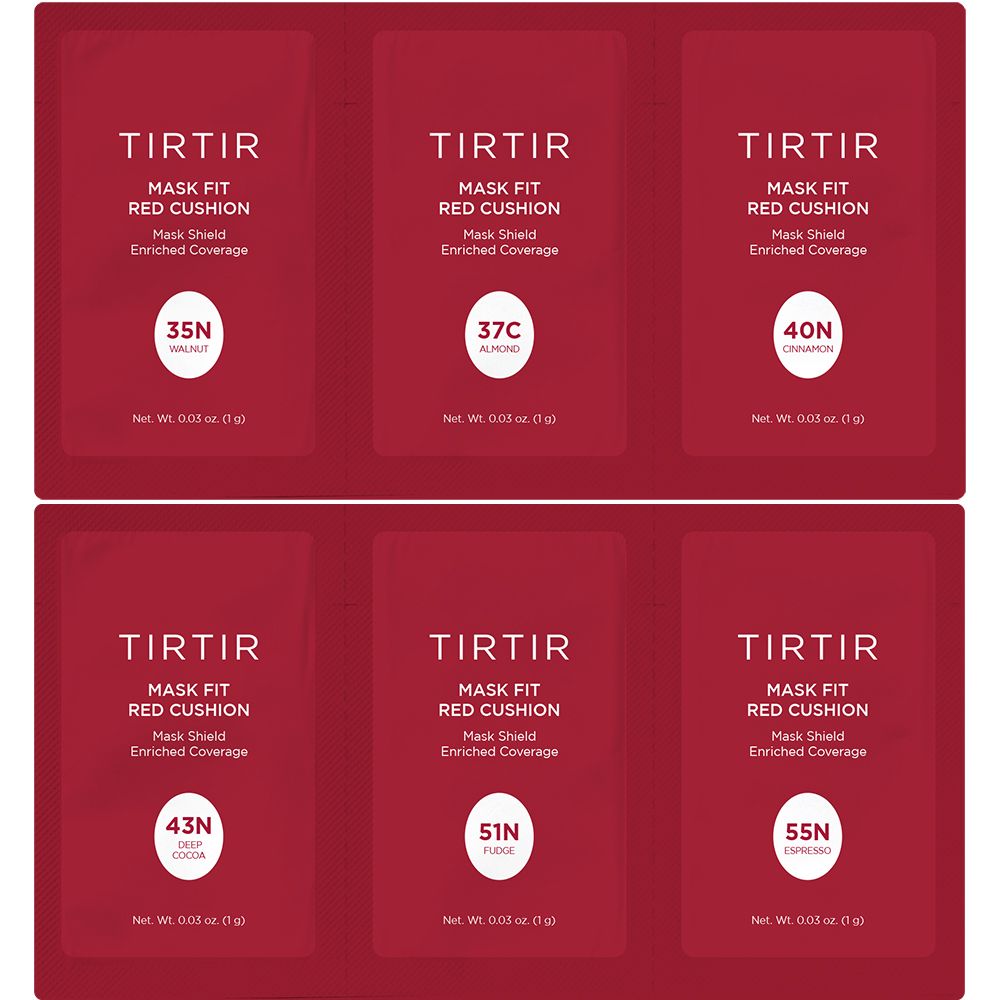 Sei campioni rossi TIRTIR Mask Fit Red Cushion. Numeri colore: 35N, 37C, 40N, 43N, 51N, 55N. Enriched Coverage.